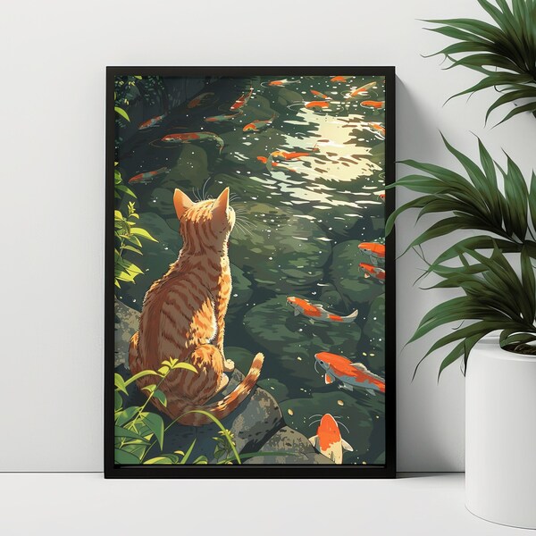 Cat and Koi Fish DIGITAL DOWNLOAD, Cat PRINTABLE Wall Art