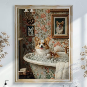 Corgi in Bubble Bath Poster, Welsh Corgi Bathtub Wall Art, Dog Lover Bathroom Decor, Corgi Lover Gift Print, UNFRAMED