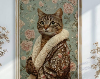Könnte beinhalten: Eine braune getigerte Katze trägt einen floralen Umhang mit einem weißen Pelzkragen. Die Katze sitzt vor einem floralen Tapetenhintergrund.