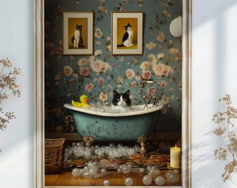 Tuxedo Cat with Rubber Duck in Bathtub Poster, Feline Floral Bathroom Art, Black and White Cat Print, Kitty Bathroom Decor, UNFRAMED