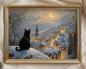 Póster de arte mural de gato negro con vistas a un pueblo navideño (sin marco)
