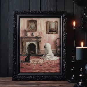 Cute Ghost and Kitten Poster, Black Cat Print, Halloween Wall Art