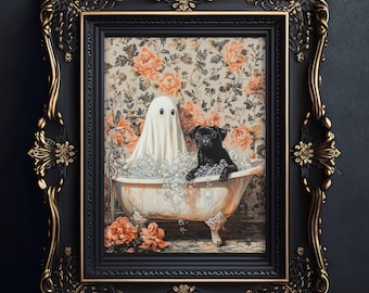 Ghost and Black Pug in Bathtub Poster, Spooky Floral Bathroom Halloween Art, Black Dog Print, Whimsigoth Bathroom Decor, UNFRAMED