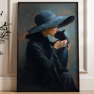 Woman and Black Cat Poster, Cat Lady Print, Cat Lover Gift, Moody Feline Home Decor, UNFRAMED