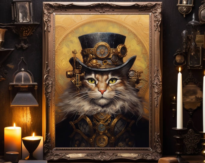 Steampunk Cat Poster, Steampunk Cat Wall Art, Steampunk Art Poster Gift for Cat Lover, UNFRAMED