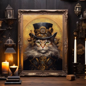 Steampunk Cat Poster, Steampunk Cat Wall Art, Steampunk Art Poster Gift for Cat Lover, UNFRAMED