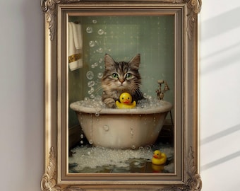 Tabby kitten in bubbelbad poster, schattige kat badkamer decor, kattenliefhebber kunst aan de muur, Cyperse kat bad print, INGELIJSTE