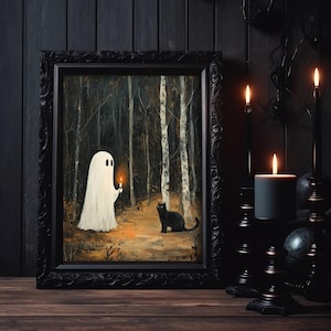 Black Cat and Ghost in Forest Wall Art Poster, Spooky Halloween Art, Black Cat Print, Whimsigoth Home Decor, UNFRAMED