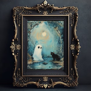 Ghost and Black Cat Poster, Halloween Kitty Wall Art, Cat Lover Home Decor, Whimsigoth Cat Print, UNFRAMED