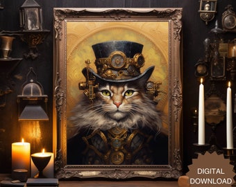 スチームパンク猫のアートプリント：ビクトリア朝の時計仕掛けの猫