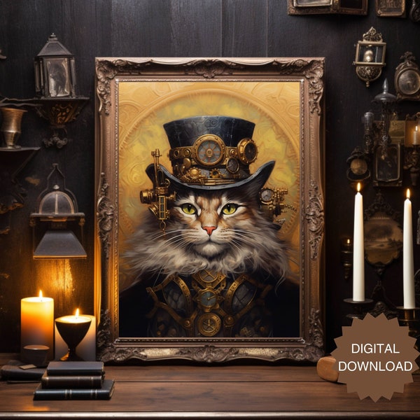 TÉLÉCHARGEMENT NUMÉRIQUE chat steampunk, art mural imprimable chat