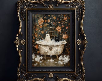 May include: A black framed painting of a ghost taking a bath in a white porcelain tub with bubbles. The ghost is wearing a white sheet and has a black cat sitting on the edge of the tub. The background is a floral pattern.