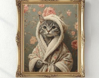 Grijze gestreepte kat in badjas poster, schattige kattenliefhebber badkamer decor, kattenbad muur kunst cadeau, INGELIJSTE