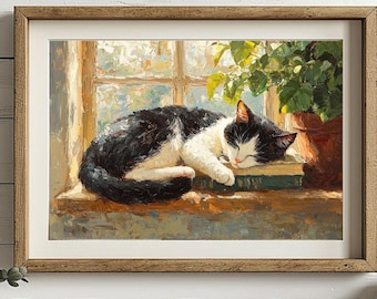 Smokingkatt sover på böcker poster, boklig väggkonst, kattälskare presenttryck, bokälskare heminredning, ljus akademiskt tryck, oinramat