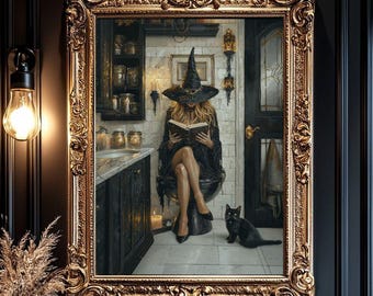 Póster de bruja leyendo un libro en el baño, decoración de baño de brujas, arte de pared de bruja y gato negro, decoración del hogar de Whimsigoth, SIN MARCO