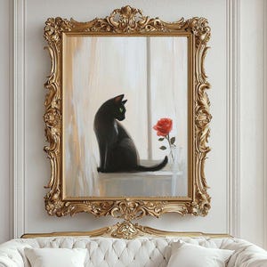 Black Cat and Red Rose in Windowsill Poster, Cat Wall Art, Minimalist Home Decor, Cat Lover Gift, UNFRAMED