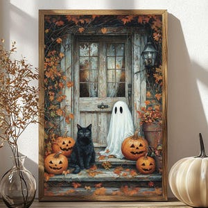 Ghost and Black Cat on Porch Poster, Spooky Cute Farmhouse Decor, Whimsigoth Wall Art, UNFRAMED