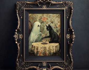 Whimsigoth Ghost & Black Cat Tea Party, Cozy Gothic Kitchen Decor, Teatime Spooky Halloween Art, UNFRAMED