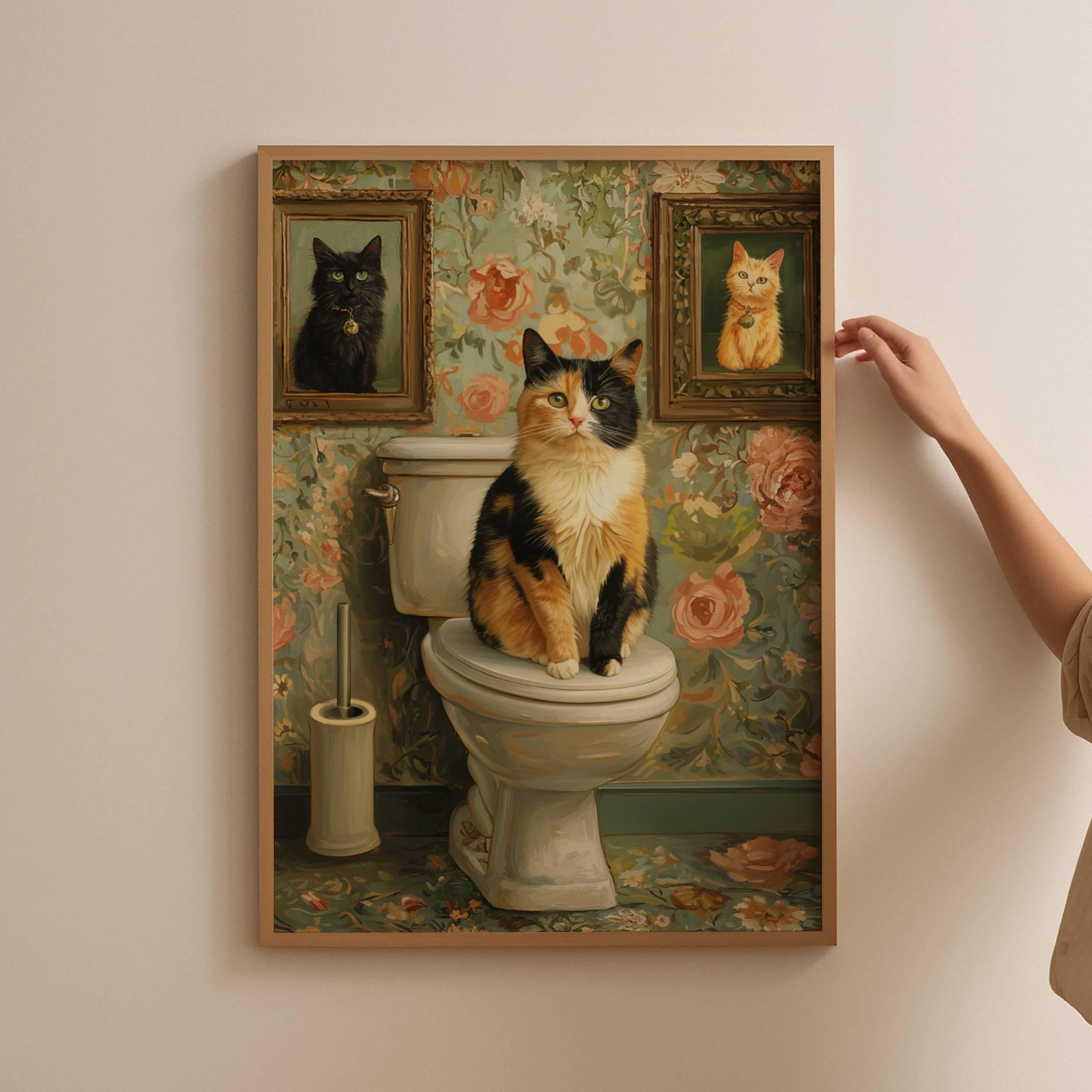 Calico Cat on Toilet Poster, Funny Bathroom Wall Art With Vintage ...