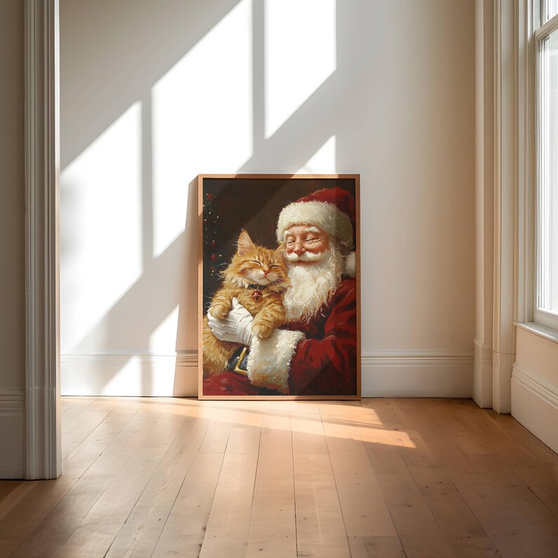 May include: A painting of Santa Claus holding a ginger cat in his arms. Santa is wearing a red suit with white trim and a white beard. The cat is looking up at Santa with its eyes closed.