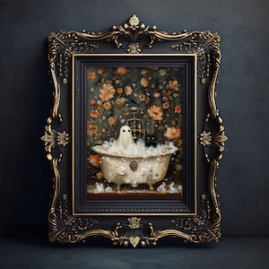 Ghost and Cat in Bathtub, Spooky Bubblebath Halloween Art, Black Cat Print, Whimsigoth Bathroom Decor, UNFRAMED