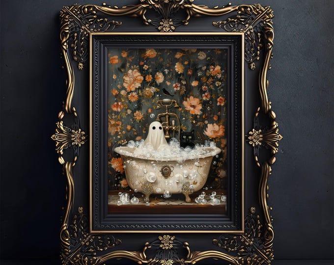 Ghost and Cat in Bathtub, Spooky Bubblebath Halloween Art, Black Cat Print, Whimsigoth Bathroom Decor, UNFRAMED