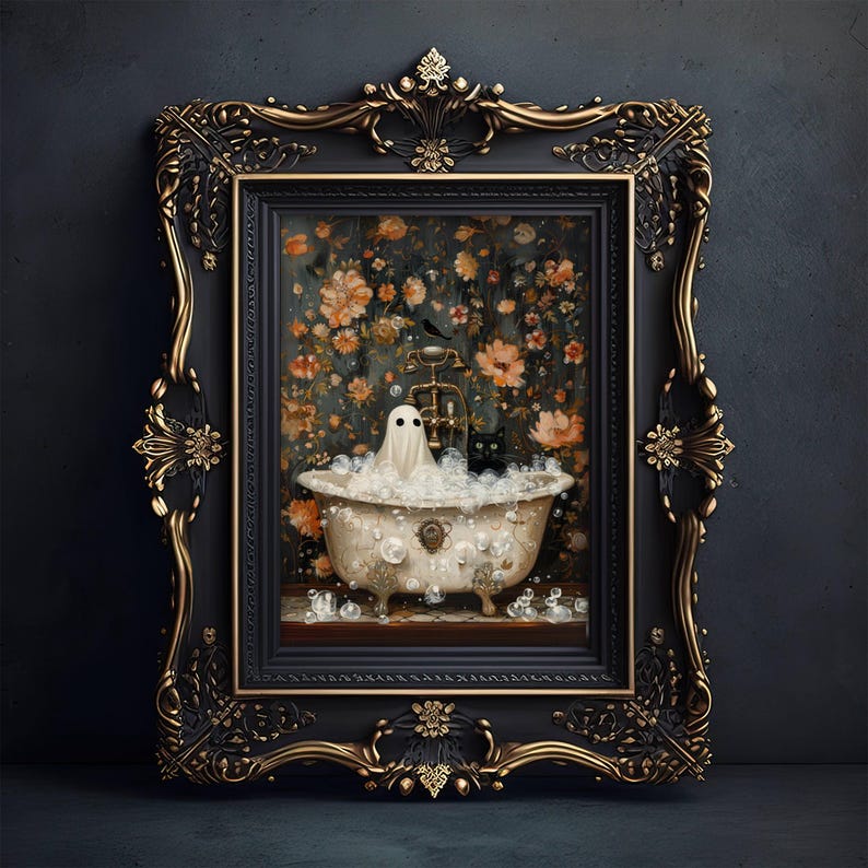Ghost and Cat in Bathtub, Spooky Bubblebath Halloween Art, Black Cat Print, Whimsigoth Bathroom Decor, UNFRAMED
