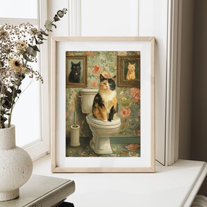 Calico Cat on Toilet Poster, Funny Bathroom Wall Art With Vintage ...
