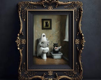 May include: A framed artwork with a black and gold ornate frame. The artwork depicts a ghost on a toilet reading a newspaper, and a black cat in a litter box also reading a newspaper. A small framed picture of a black cat hangs on the wall.