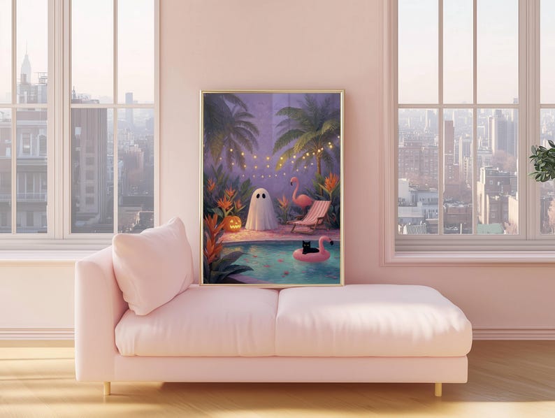 May include: A framed art print depicts a whimsical Halloween scene. A ghost stands by a pool with a black cat on a flamingo float. Palm trees, string lights, and a jack-o'-lantern add to the spooky, yet serene, atmosphere. The artwork is displayed on a pink chaise lounge.
