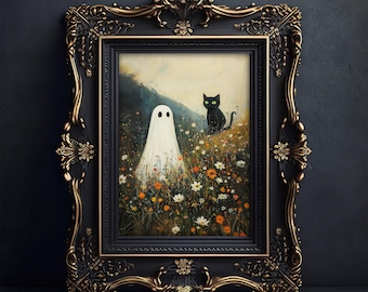 Ghost and Black Cat in Wildflowers Wall Art Poster, Floral Spooky Halloween Art, Cute Black Cat Print, Whimsigoth Home Decor, UNFRAMED