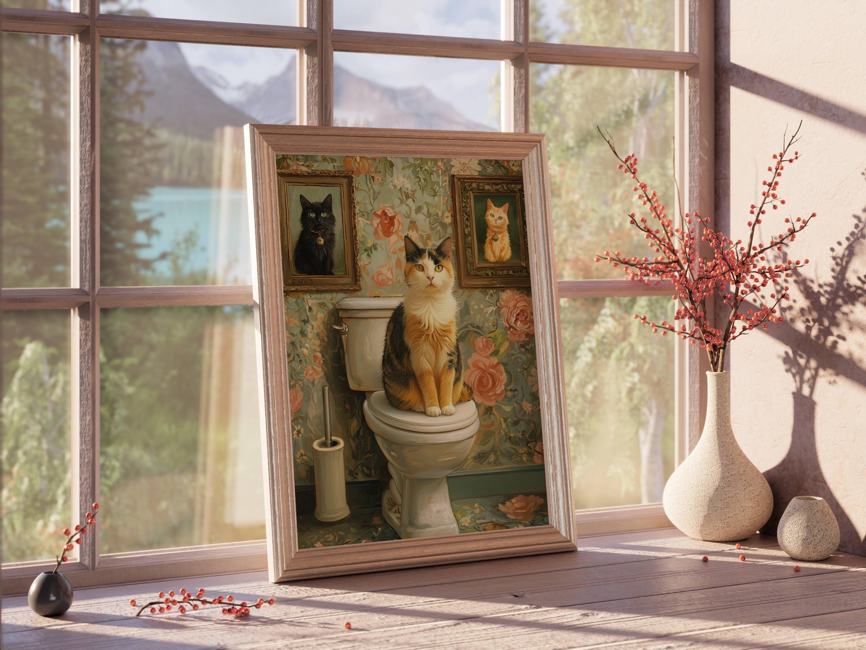 Calico Cat on Toilet Poster, Funny Bathroom Wall Art With Vintage ...