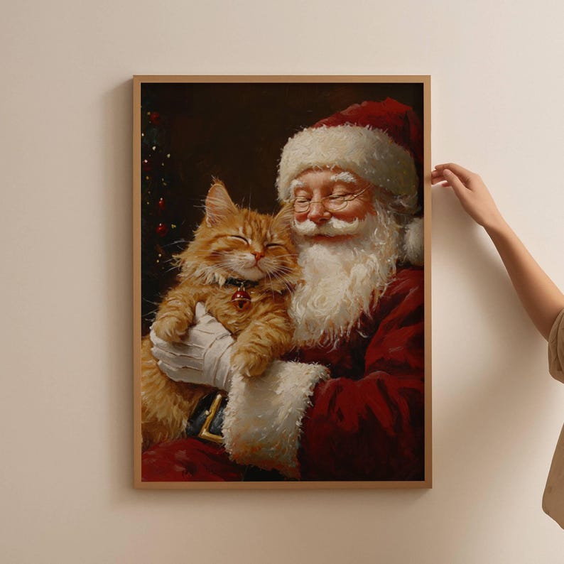 May include: A painting of Santa Claus holding a ginger cat in his arms. Santa is wearing a red suit with white trim and a white beard. The cat is looking up at Santa with its eyes closed. The background is a dark brown color.