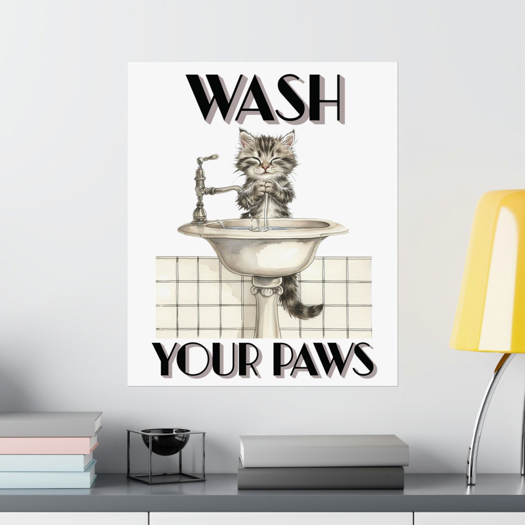 Wash Your Paws Cute Cat Bathroom Wall Art Poster, Kitty Bathroom Decor ...