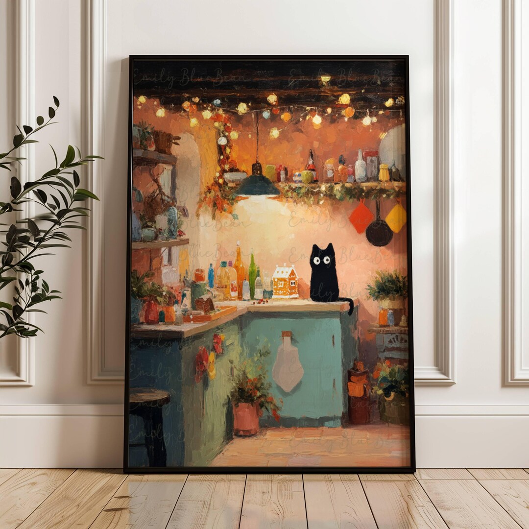 black cat chef art print: boho kitchen cooking poster... Whimsical Black Cat in Cozy Kitchen With Gingerbread House Poster ...