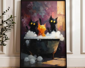 Grappige kattenbadposter, grillige zwart-oranje katten, gedurfde impressionistische badkamermuurkunst, speels kattendecor voor kattenliefhebbers, INGELIJSTE