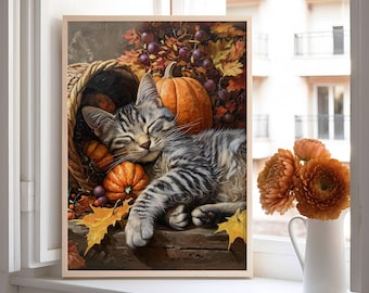 May include: A framed print depicting a tabby cat asleep amongst pumpkins, grapes, and autumn leaves in a woven basket. The artwork has warm, autumnal tones and is displayed on a windowsill with orange flowers in a white jug.