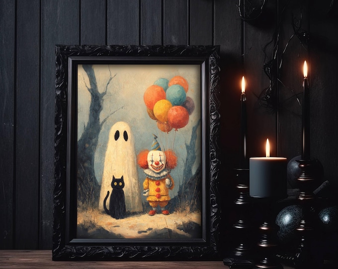 Creepy Clown, Ghost & Black Cat Poster, Gothic Halloween Oil Painting Print, Spooky Halloween Wall Art, UNFRAMED
