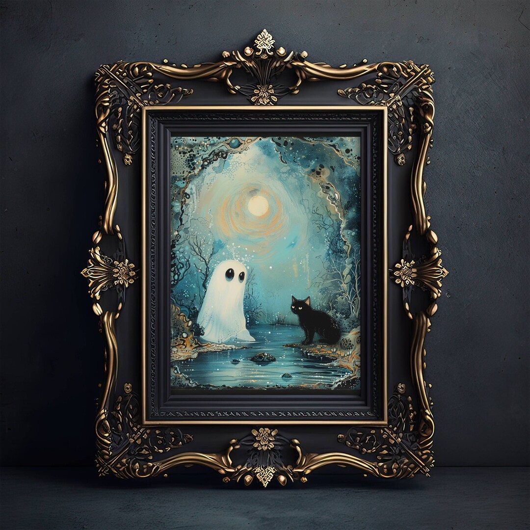 Ghost and Black Cat Poster, Halloween Kitty Wall Art, Cat Lover Home ...