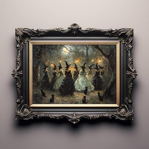 May include: A framed artwork depicting a gathering of witches in a moonlit forest. The painting features women in elegant gowns and pointed hats, surrounded by black cats. The ornate black frame adds a classic touch to the spooky scene.