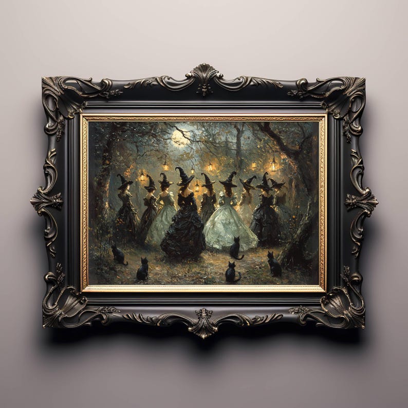 May include: A framed artwork depicting a gathering of witches in a moonlit forest. The painting features women in elegant gowns and pointed hats, surrounded by black cats. The ornate black frame adds a classic touch to the spooky scene.