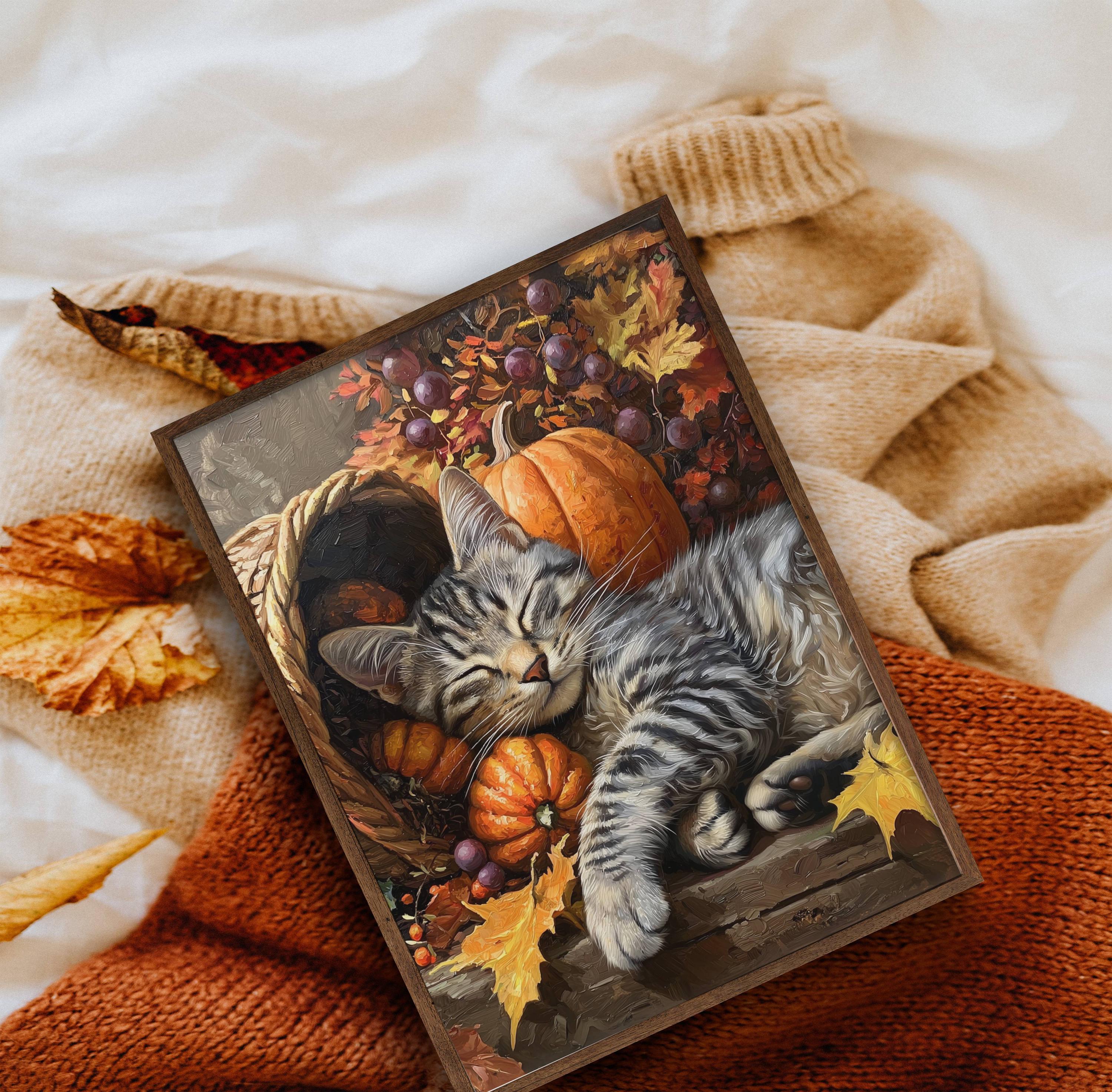Cozy Fall Tabby Cat Wall Art, Sleeping Kitten With Pumpkins