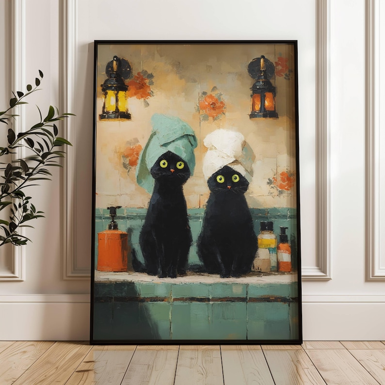 Black Cats in Bathroom Poster, Funny Bathroom Wall Art ,cute Cat Bath ...