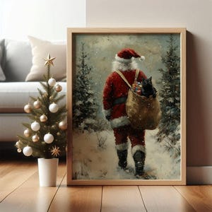 Santa Walking in the Snow with Black Cat Christmas Poster, Moody Holiday Cat Wall Art, Xmas Cat Lover Home Decor, UNFRAMED