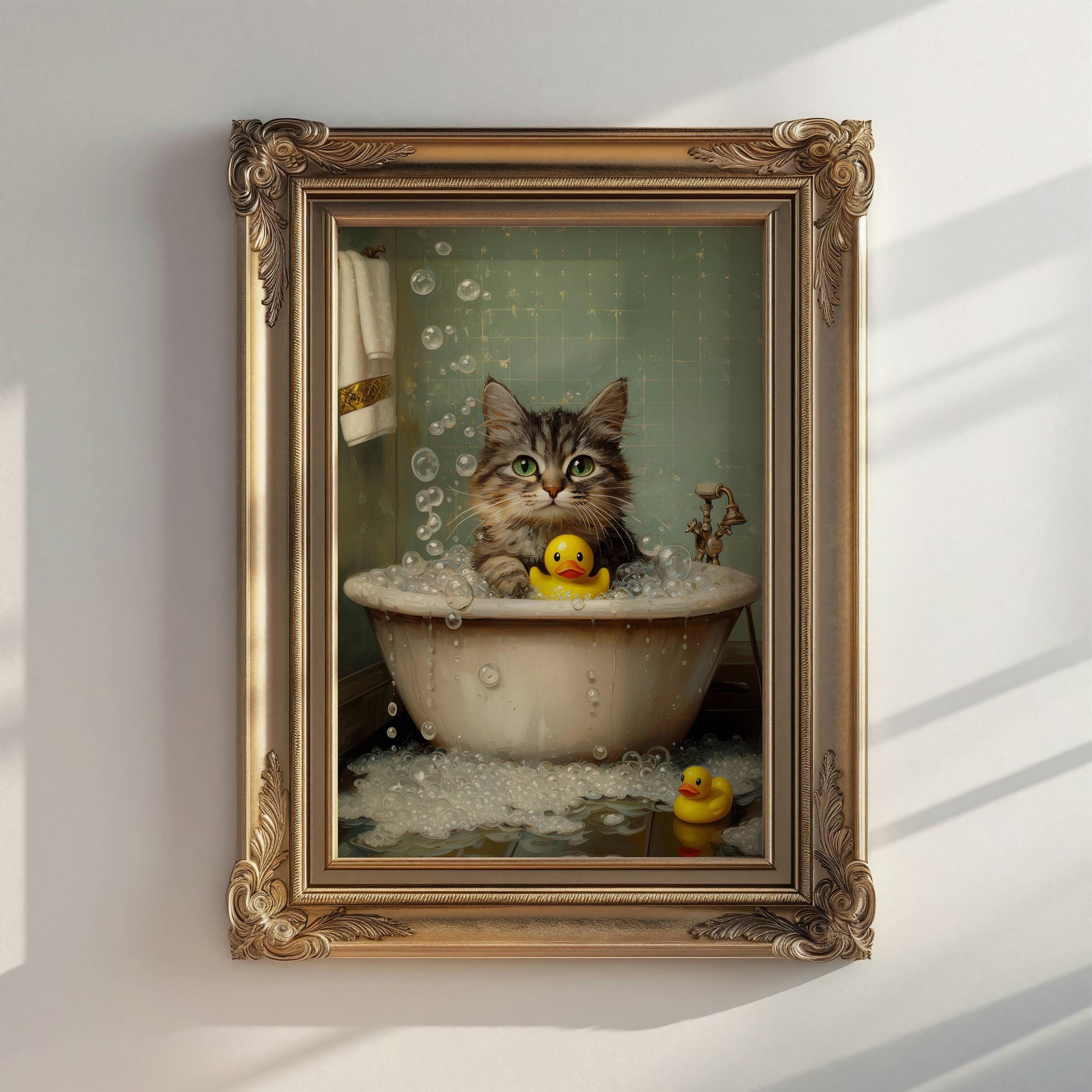 Tabby Kitten in Bubble Bath Poster, Cute Cat Bathroom Decor, Cat Lover ...