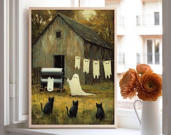 Whimsical Ghost Doing Laundry with Black Cats Poster, Spooky Cute Farmhouse Wall Art, Whimsigoth Home Decor, UNFRAMED
