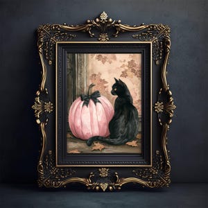 Coqueta cartel de gato negro y calabaza rosa, arte de pared espeluznante de Halloween, impresión caprichosa, decoración del hogar de otoño