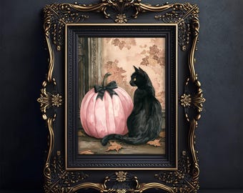 Coquette Black Cat and Pink Pumpkin Poster, Spooky Halloween Wall Art, Whimsigoth Print, Fall Home Decor