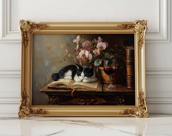 Smokingkatt sover på bokposter, katt- och vintryck, blommig heminredning, present till bokälskare, oinramad