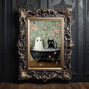 May include: A white ghost and a black cat are taking a bath together in a black and white bathtub with bubbles. The bathtub is in a room with floral wallpaper.